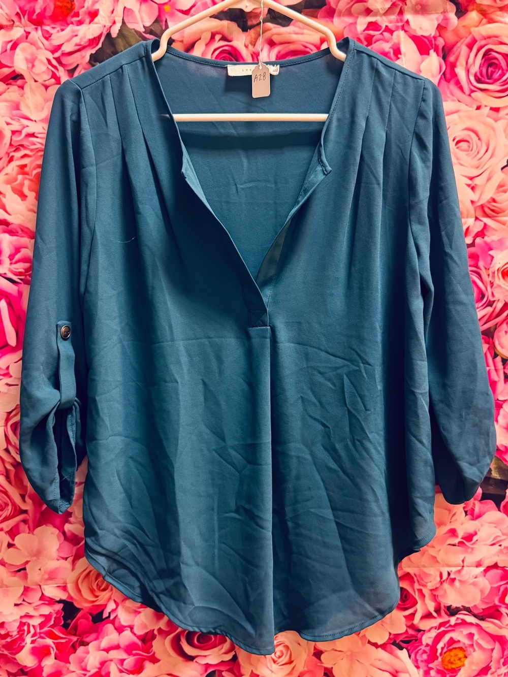 Lush Teal V-Neck Roll-Tab Sleeve Blouse